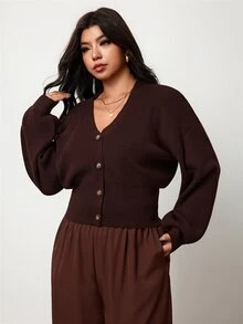 Hourglow Plus Size Waist Defined Rib Knit Cardigan, V Neck Button Front Winter - Brown - View 5