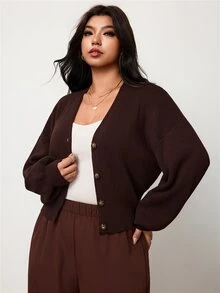 Hourglow Plus Size Waist Defined Rib Knit Cardigan, V Neck Button Front Winter - Brown - View 3