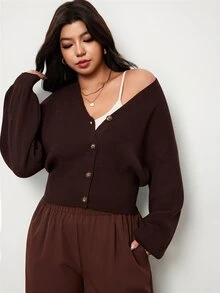 Hourglow Plus Size Waist Defined Rib Knit Cardigan, V Neck Button Front Winter - Brown - View 4