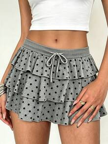 Zavorell Black Polka Dot Puff Ruffle Cake Mini Skirt School Date Autumn Y2k 90s - Grey - View 4