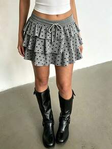 Zavorell Black Polka Dot Puff Ruffle Cake Mini Skirt School Date Autumn Y2k 90s - Grey - View 1
