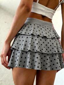 Zavorell Black Polka Dot Puff Ruffle Cake Mini Skirt School Date Autumn Y2k 90s - Grey - View 2