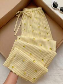 Veykashi Casual Striped Lemon Print Plus Size Straight Leg Pants Fall - Multicolor - View 6