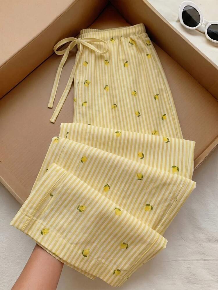 Veykashi Casual Striped Lemon Print Plus Size Straight Leg Pants Fall - Multicolor - View 6