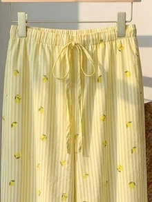 Veykashi Casual Striped Lemon Print Plus Size Straight Leg Pants Fall - Multicolor - View 4