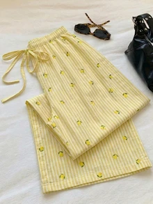 Veykashi Casual Striped Lemon Print Plus Size Straight Leg Pants Fall - Multicolor - View 7