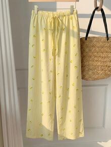 Veykashi Casual Striped Lemon Print Plus Size Straight Leg Pants Fall - Multicolor - View 5