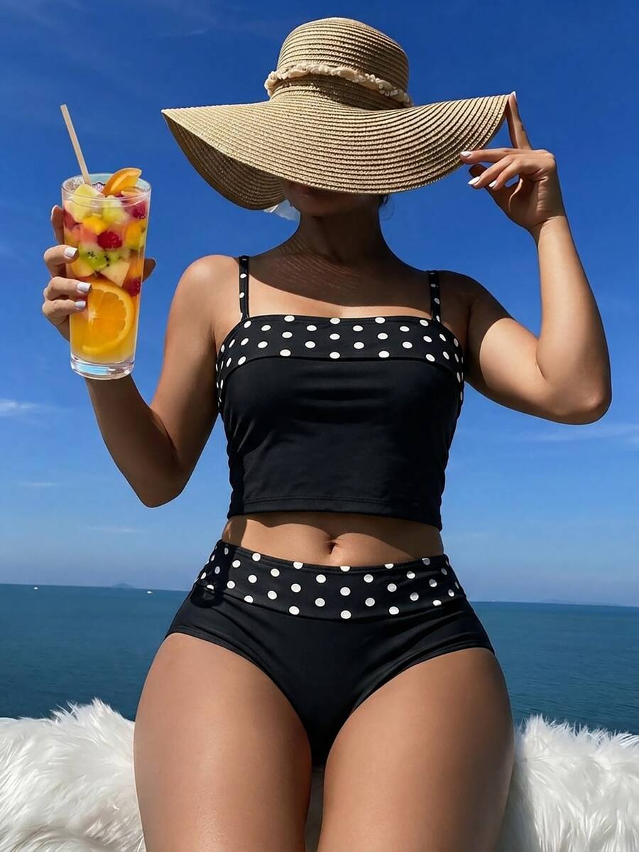 BamGleam Women's Summer Beach Polka Dot Print Camisole Top And Shorts Set For Vacation - Black and White - View 1