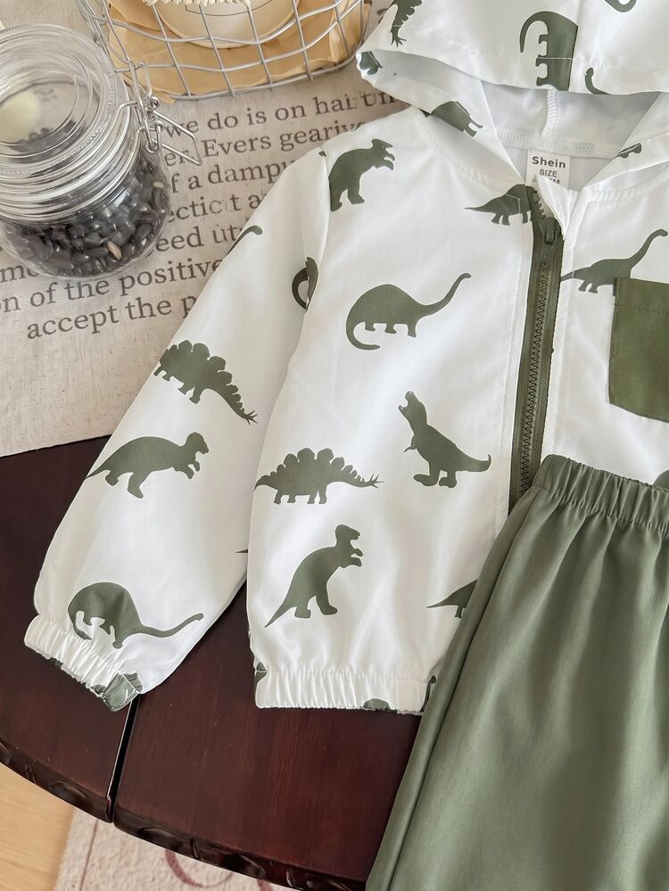 Baby Boy Baby Girl Spring Summer Autumn Cartoon Dinosaur Pattern Black & White Contrast Hooded Thin Jacket Solid Color Long Pants 2-Piece Set Suitable For Outdoor Travel And Outings - Multicolor - View 3