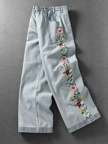 ROMWE MEN Street Life Men's Casual Washed Floral Embroidered Denim Jeans - Blue - View 9
