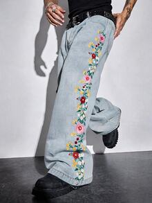 ROMWE MEN Street Life Men's Casual Washed Floral Embroidered Denim Jeans - Blue - View 1