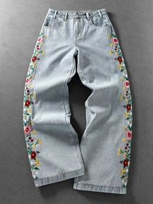 ROMWE MEN Street Life Men's Casual Washed Floral Embroidered Denim Jeans - Blue - View 5