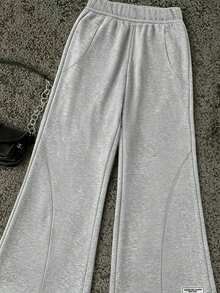 SHEIN Kids Tween Girl Solid Elastic Waist Patched Detail Flare Leg Pants Skinny Straight Leg Wide Leg Pant Fall Clothes Gray - Grey - View 4