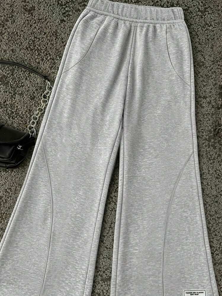 SHEIN Kids Tween Girl Solid Elastic Waist Patched Detail Flare Leg Pants Skinny Straight Leg Wide Leg Pant Fall Clothes Gray - Grey - View 4