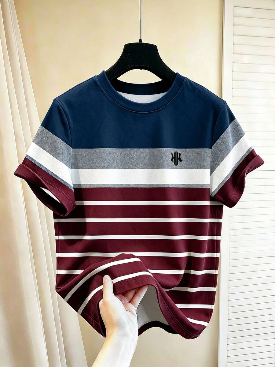 Manfinity Hypemode 男士美式復古水洗做舊條紋拼色圓領短袖 HK 刺繡 T 恤 - 彩色 - 查看 1