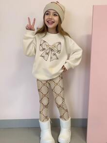 SHEIN 2pcs Girls Casual Fashionable Cartoon Colorful Floral Bow Graphic Print Crew Neck Sweatshirt And Leggings Set, Autumn Outfit - Multicolor - View 1