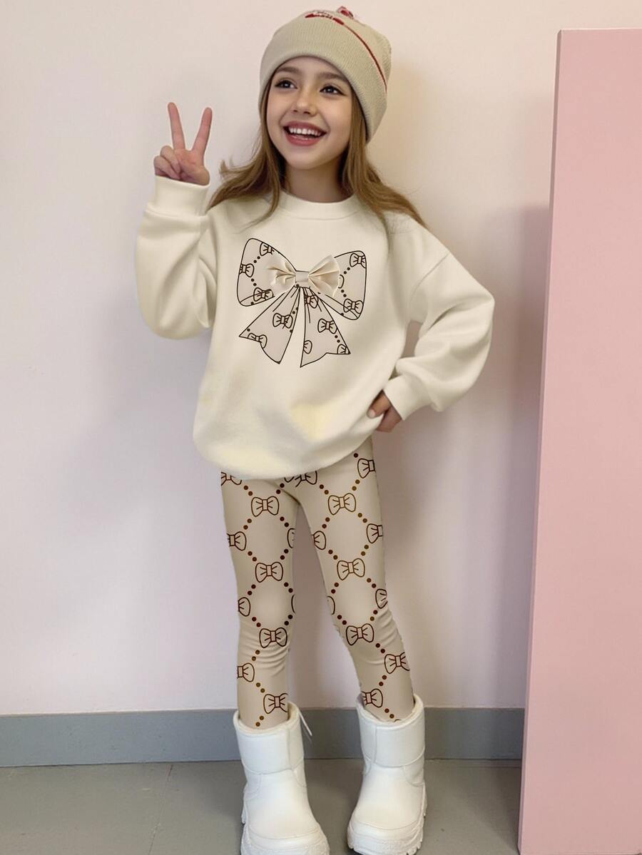 SHEIN 2pcs Girls Casual Fashionable Cartoon Colorful Floral Bow Graphic Print Crew Neck Sweatshirt And Leggings Set, Autumn Outfit - Multicolor - View 1