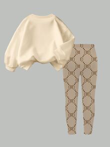 SHEIN 2pcs Girls Casual Fashionable Cartoon Colorful Floral Bow Graphic Print Crew Neck Sweatshirt And Leggings Set, Autumn Outfit - Multicolor - View 2