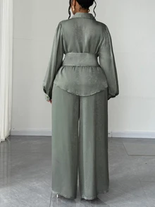 Maweii Plus Size Bowknot Cinched Waist Shirt With Wide Leg Pants Two Pieces Set, Elegant Celestial Ladies Suit Autumn Dinner Party Grey - Green - View 2