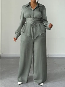Maweii Plus Size Bowknot Cinched Waist Shirt With Wide Leg Pants Two Pieces Set, Elegant Celestial Ladies Suit Autumn Dinner Party Grey - Green - View 4