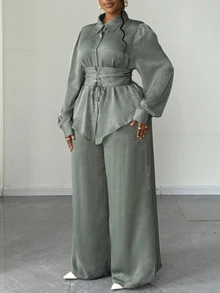 Maweii Plus Size Bowknot Cinched Waist Shirt With Wide Leg Pants Two Pieces Set, Elegant Celestial Ladies Suit Autumn Dinner Party Grey - Green - View 3