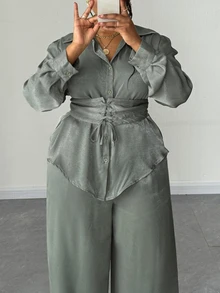 Maweii Plus Size Bowknot Cinched Waist Shirt With Wide Leg Pants Two Pieces Set, Elegant Celestial Ladies Suit Autumn Dinner Party Grey - Green - View 5