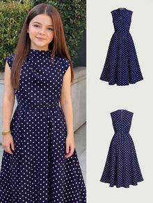Firerie Kids Tween Girl Polka Dot Fashionable Vacation & Casual Dress - Navy Blue - View 1