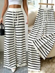 Zavorell Women's Casual Minimalist Striped Colorblock Drawstring Waist Frayed Hem Long Pants - Black and White - View 1