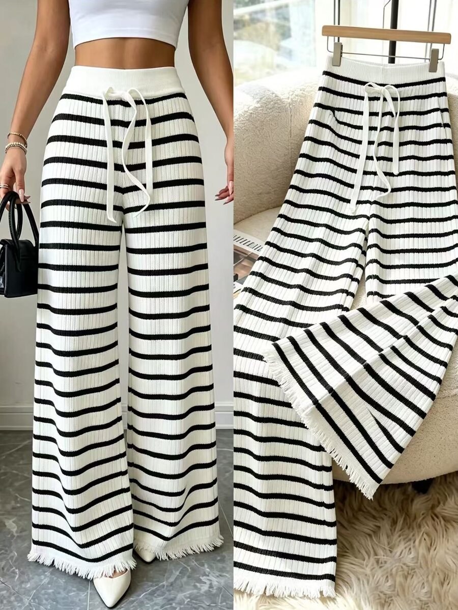 Zavorell Women's Casual Minimalist Striped Colorblock Drawstring Waist Frayed Hem Long Pants - Black and White - View 1