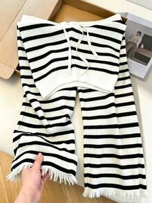Zavorell Women's Casual Minimalist Striped Colorblock Drawstring Waist Frayed Hem Long Pants - Black and White - View 3