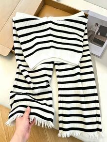 Zavorell Women's Casual Minimalist Striped Colorblock Drawstring Waist Frayed Hem Long Pants - Black and White - View 2