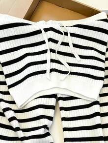 Zavorell Women's Casual Minimalist Striped Colorblock Drawstring Waist Frayed Hem Long Pants - Black and White - View 5