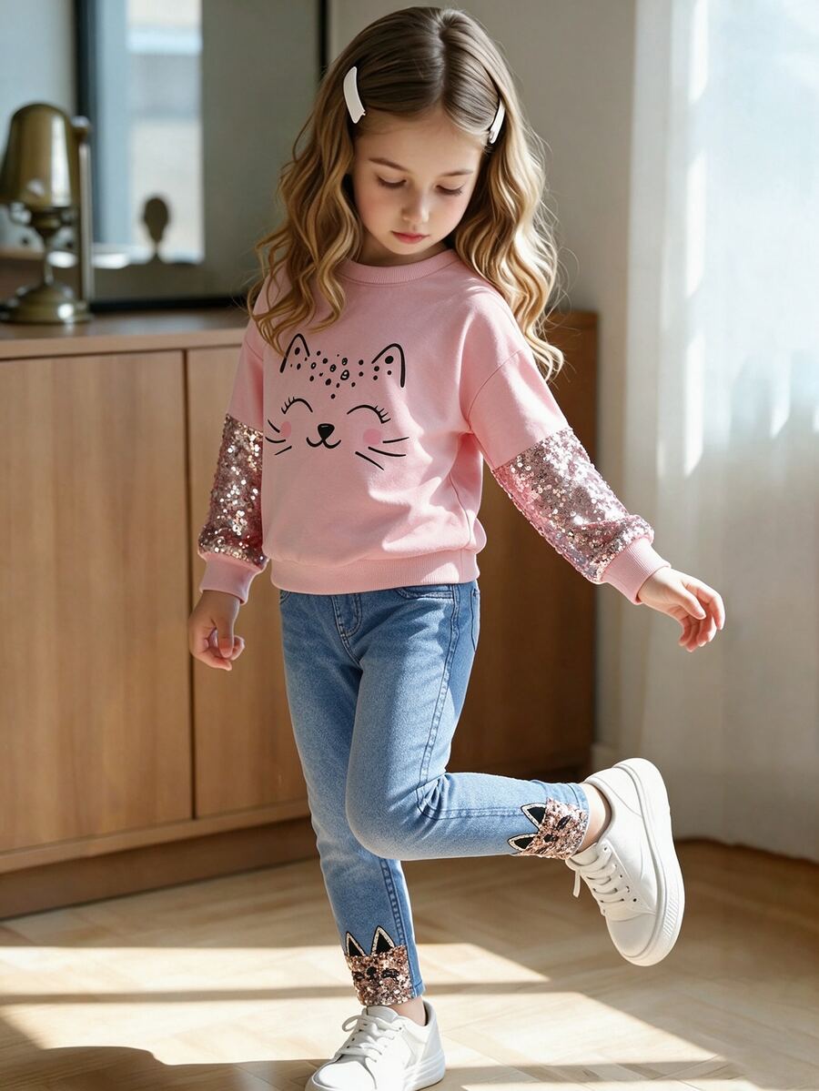 Elladie kids 少女可爱猫咪印花上衣和牛仔效果休闲裤夏季套装 - 粉色 - 查看 1