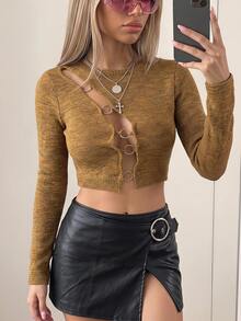 SHEIN ICON Cut Out Front Ring Detail Crop Sweater - Coffee Brown - View 3