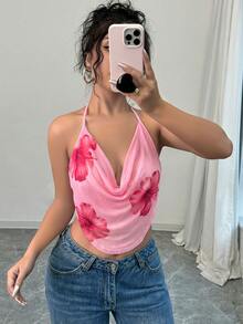Firerie 女士时尚优雅性感印花网纱深V领上衣，适合夏季度假，玫瑰花上衣，Y2K风格低胸上衣，花朵上衣，性感夏季上衣，粉色上衣 - 粉色 - 查看 5