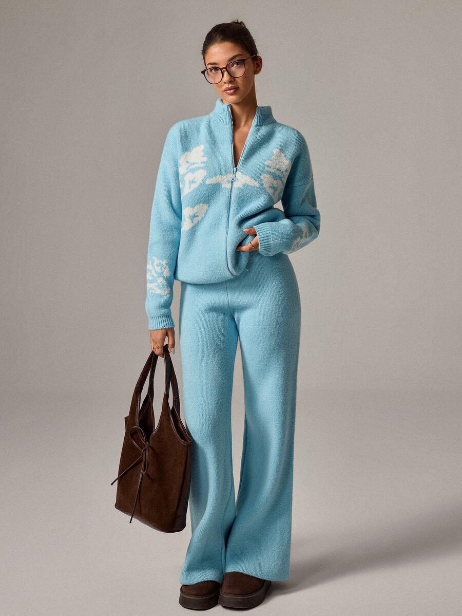 SHEIN ICON Baby Blue Tonal Zip-Up Textured Knit Cardigan & Wide-Leg Drawstring Pants Matching Co-Ord Set With Invisible Zipper, Floral Pattern Detail, Soft Stretch Fabric, Cozy Lounge Athleisure Y2K Winter Outfit - Baby Blue - View 1