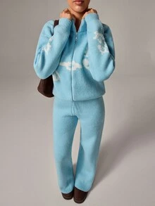 SHEIN ICON Baby Blue Tonal Zip-Up Textured Knit Cardigan & Wide-Leg Drawstring Pants Matching Co-Ord Set With Invisible Zipper, Floral Pattern Detail, Soft Stretch Fabric, Cozy Lounge Athleisure Y2K Winter Outfit - Baby Blue - View 8