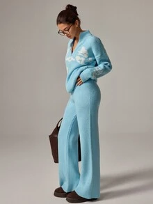 SHEIN ICON Baby Blue Tonal Zip-Up Textured Knit Cardigan & Wide-Leg Drawstring Pants Matching Co-Ord Set With Invisible Zipper, Floral Pattern Detail, Soft Stretch Fabric, Cozy Lounge Athleisure Y2K Winter Outfit - Baby Blue - View 6