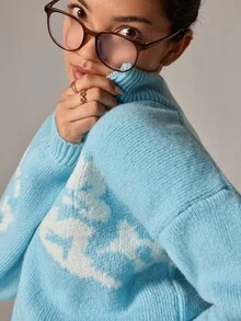 SHEIN ICON Baby Blue Tonal Zip-Up Textured Knit Cardigan & Wide-Leg Drawstring Pants Matching Co-Ord Set With Invisible Zipper, Floral Pattern Detail, Soft Stretch Fabric, Cozy Lounge Athleisure Y2K Winter Outfit - Baby Blue - View 9