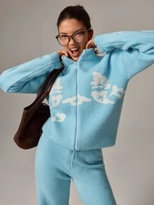 SHEIN ICON Baby Blue Tonal Zip-Up Textured Knit Cardigan & Wide-Leg Drawstring Pants Matching Co-Ord Set With Invisible Zipper, Floral Pattern Detail, Soft Stretch Fabric, Cozy Lounge Athleisure Y2K Winter Outfit - Baby Blue - View 3