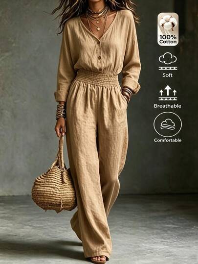 Breezaya Women's Vintage Linen Long Sleeve Jumpsuit, V-Neck Button Long Sleeve Cinched Waist Wide Leg Pants