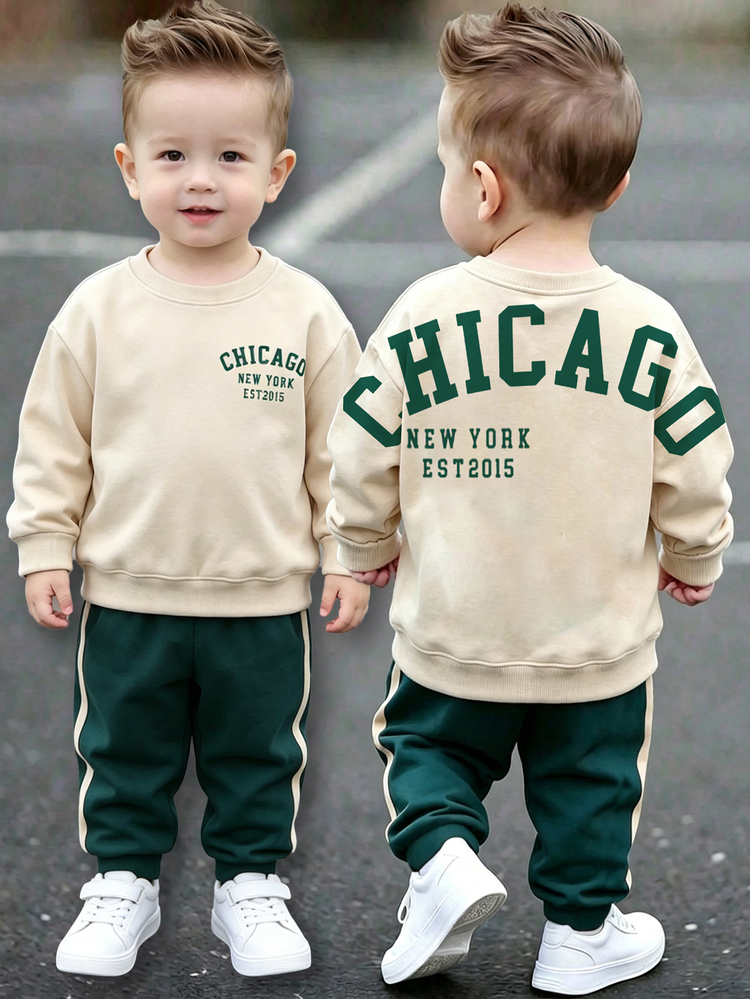 2pcs Baby Boy Korean Style Casual Fashion Large Letter Print Crew Neck Sweatshirt And Color Block Striped Long Pants Set, Street Sports Outdoor Casual, Suitable For Autumn/Winter - Multicolor - View 1
