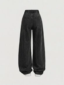 SHEIN 青少年女孩寬鬆黑色牛仔褲，鑲鑽裝飾 - 黑色 - 查看 5