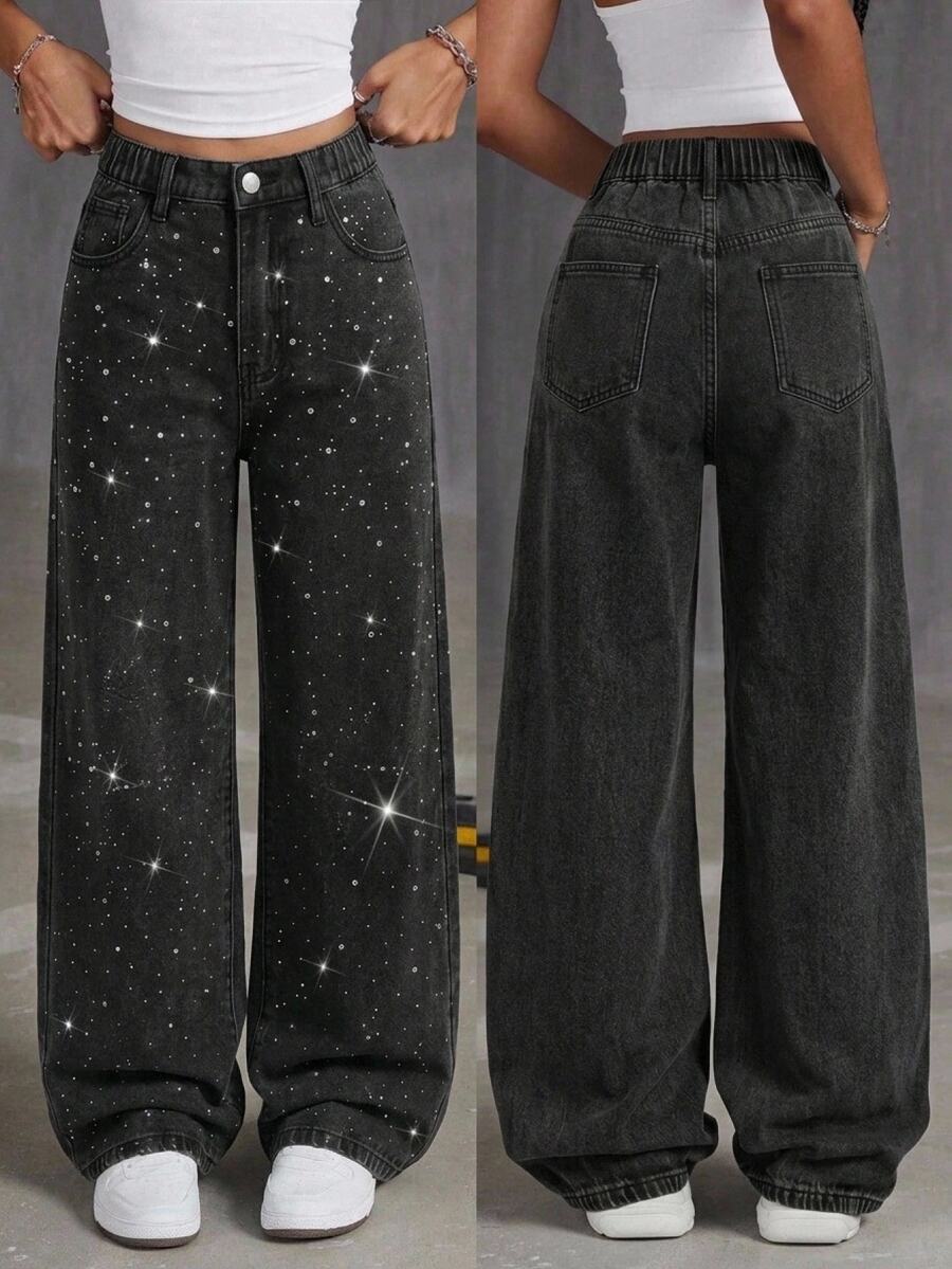 SHEIN Teen Girls Loose Black Denim Pants With Rhinestone Embellishment - Black - View 1