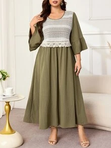 Lacomfia Gaun Elegan Wanita Ukuran Plus dengan Renda Kontras, Leher Bulat, dan Manset Berkerut, Cocok untuk Acara Brunch dan Pesta Teh, Warna Hijau Kelly, Musim Gugur. - Hijau - View 5
