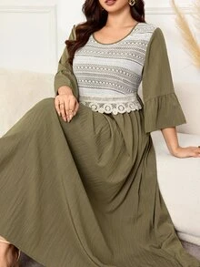 Lacomfia Gaun Elegan Wanita Ukuran Plus dengan Renda Kontras, Leher Bulat, dan Manset Berkerut, Cocok untuk Acara Brunch dan Pesta Teh, Warna Hijau Kelly, Musim Gugur. - Hijau - View 7