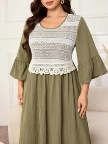 Lacomfia Gaun Elegan Wanita Ukuran Plus dengan Renda Kontras, Leher Bulat, dan Manset Berkerut, Cocok untuk Acara Brunch dan Pesta Teh, Warna Hijau Kelly, Musim Gugur. - Hijau - View 1
