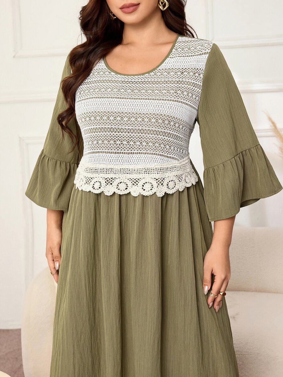 Lacomfia Gaun Elegan Wanita Ukuran Plus dengan Renda Kontras, Leher Bulat, dan Manset Berkerut, Cocok untuk Acara Brunch dan Pesta Teh, Warna Hijau Kelly, Musim Gugur. - Hijau - View 1