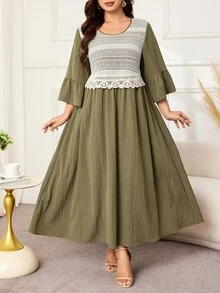 Lacomfia Gaun Elegan Wanita Ukuran Plus dengan Renda Kontras, Leher Bulat, dan Manset Berkerut, Cocok untuk Acara Brunch dan Pesta Teh, Warna Hijau Kelly, Musim Gugur. - Hijau - View 3