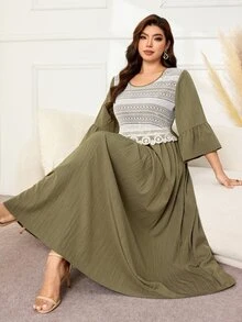 Lacomfia Gaun Elegan Wanita Ukuran Plus dengan Renda Kontras, Leher Bulat, dan Manset Berkerut, Cocok untuk Acara Brunch dan Pesta Teh, Warna Hijau Kelly, Musim Gugur. - Hijau - View 6